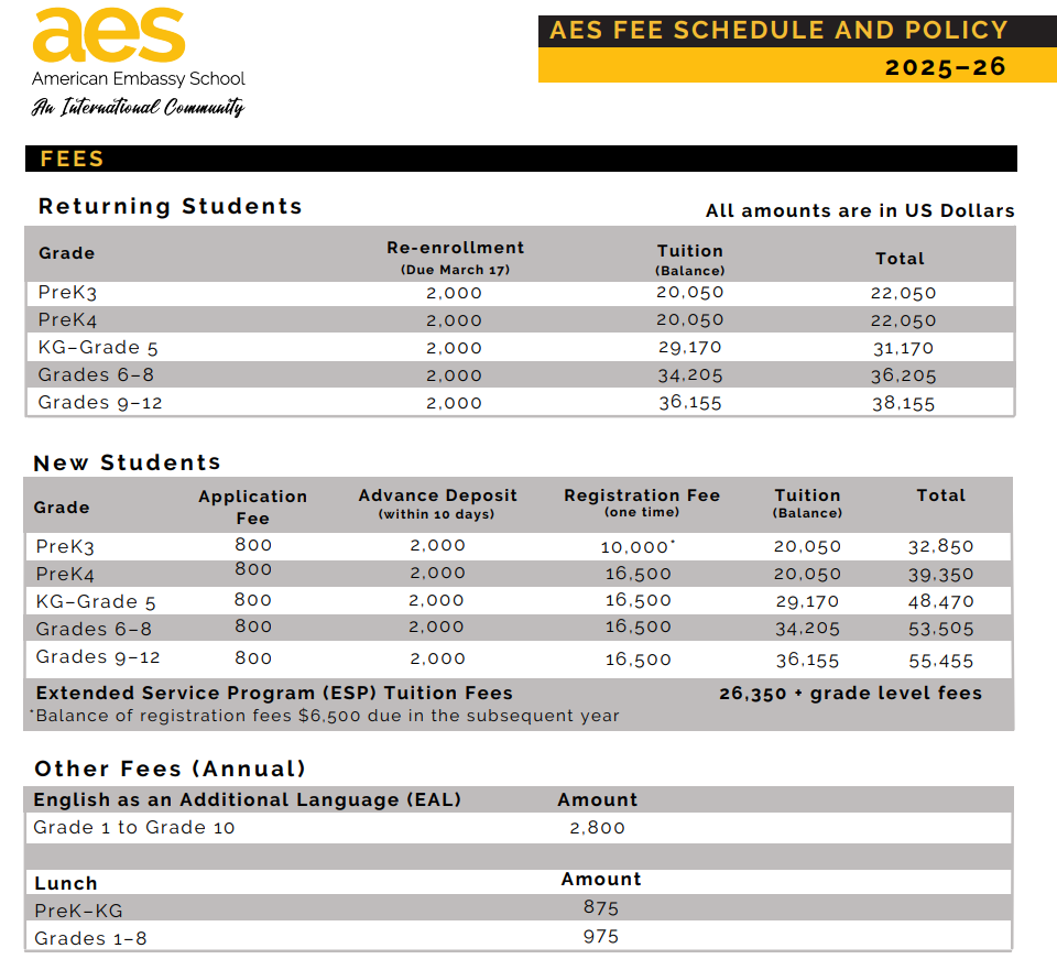 american embassy school delhi fee structure