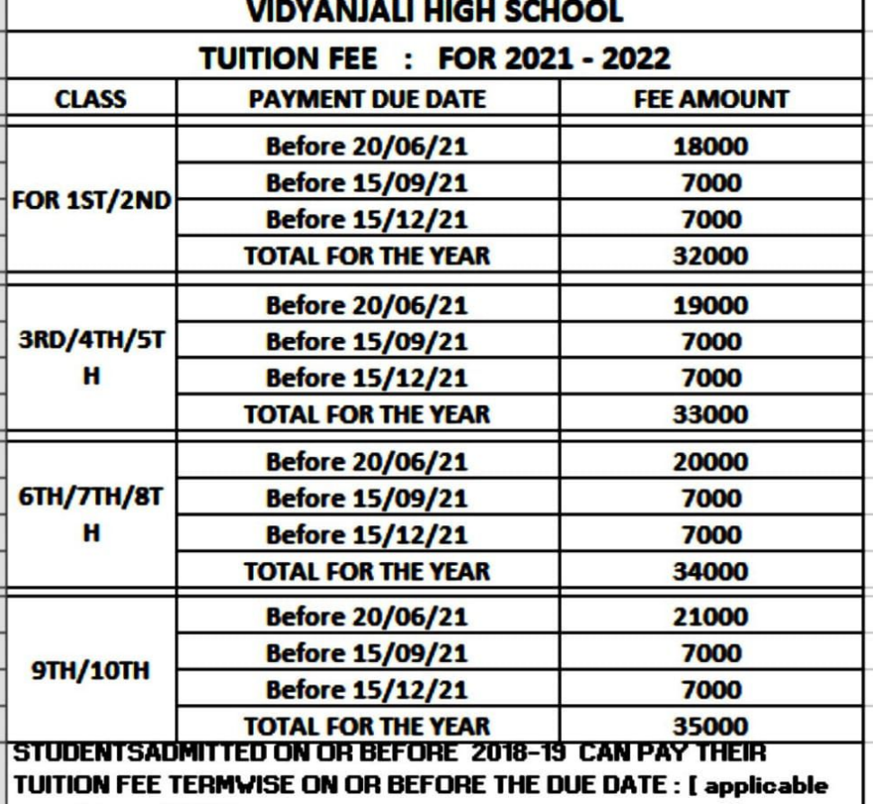 vidyanjali international school fees structure