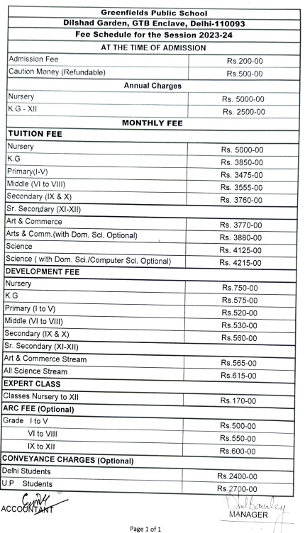 green field public school shahdara fees structure
