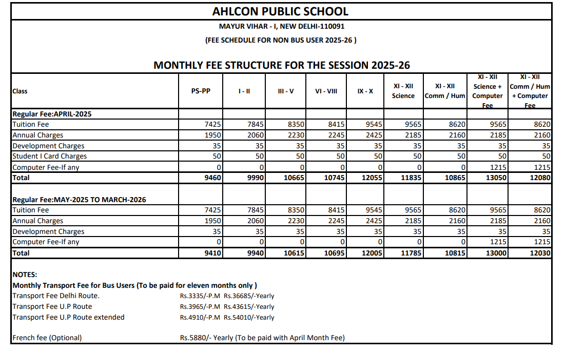ahlcon public school fees structure
